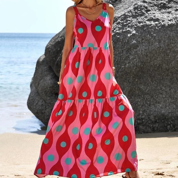 Hot Pink Boho Womens Allover Print Ruffle Hem Cami Dress - Picture 3 of 5
